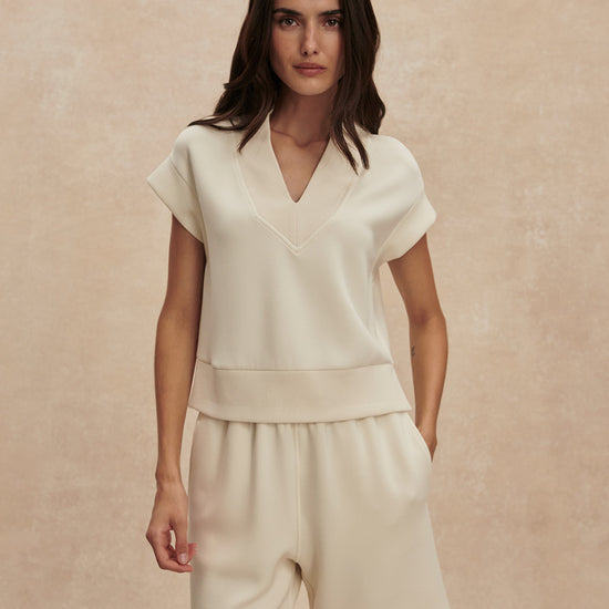wide leg soft shorts beige with drawstring waistband from varley model shot