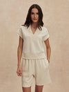 wide leg soft shorts beige with drawstring waistband from varley model shot