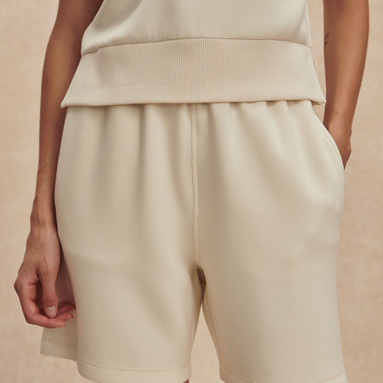 wide leg soft shorts beige with drawstring waistband from varley close up