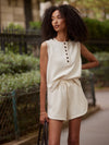 round neck button half placket tank top in beige from varley model shot