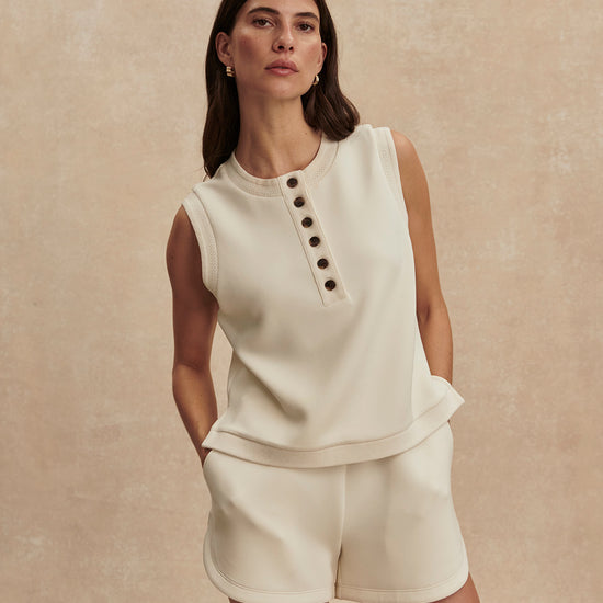 round neck button half placket tank top in beige from varley