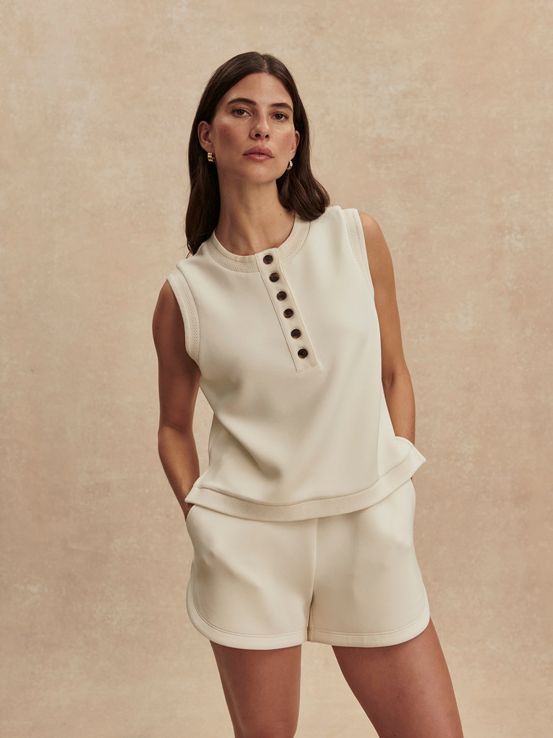 round neck button half placket tank top in beige from varley