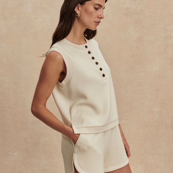 round neck button half placket tank top in beige from varley side view