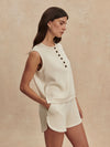round neck button half placket tank top in beige from varley side view