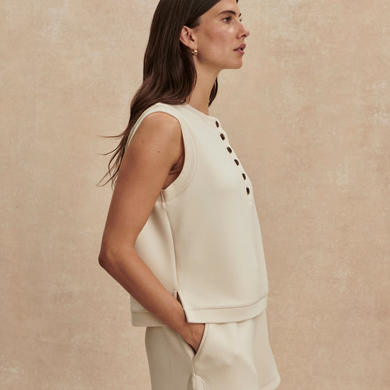 round neck button half placket tank top in beige from varley side view