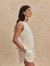 round neck button half placket tank top in beige from varley side view