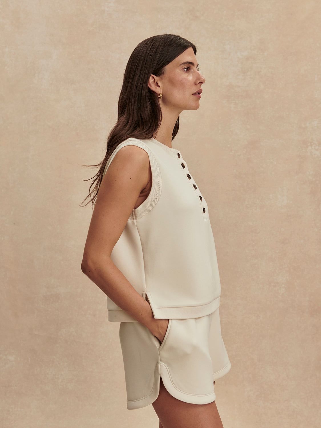 round neck button half placket tank top in beige from varley side view