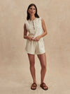 round neck button half placket tank top in beige from varley model shot