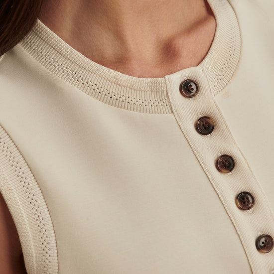 round neck button half placket tank top in beige from varley close up