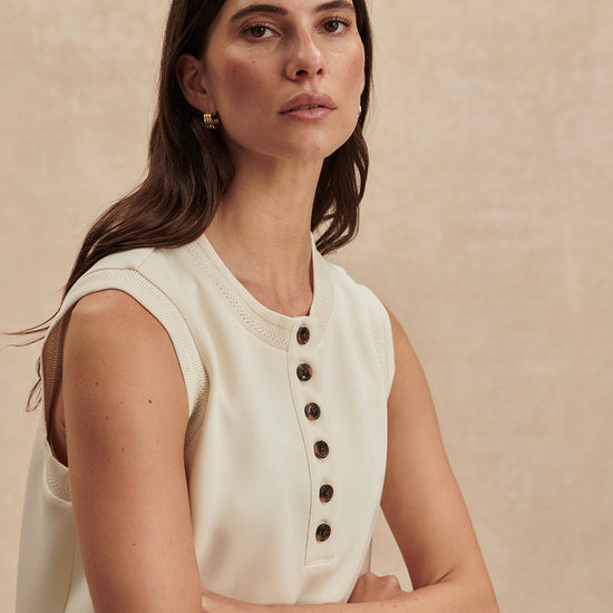 round neck button half placket tank top in beige from varley model shot