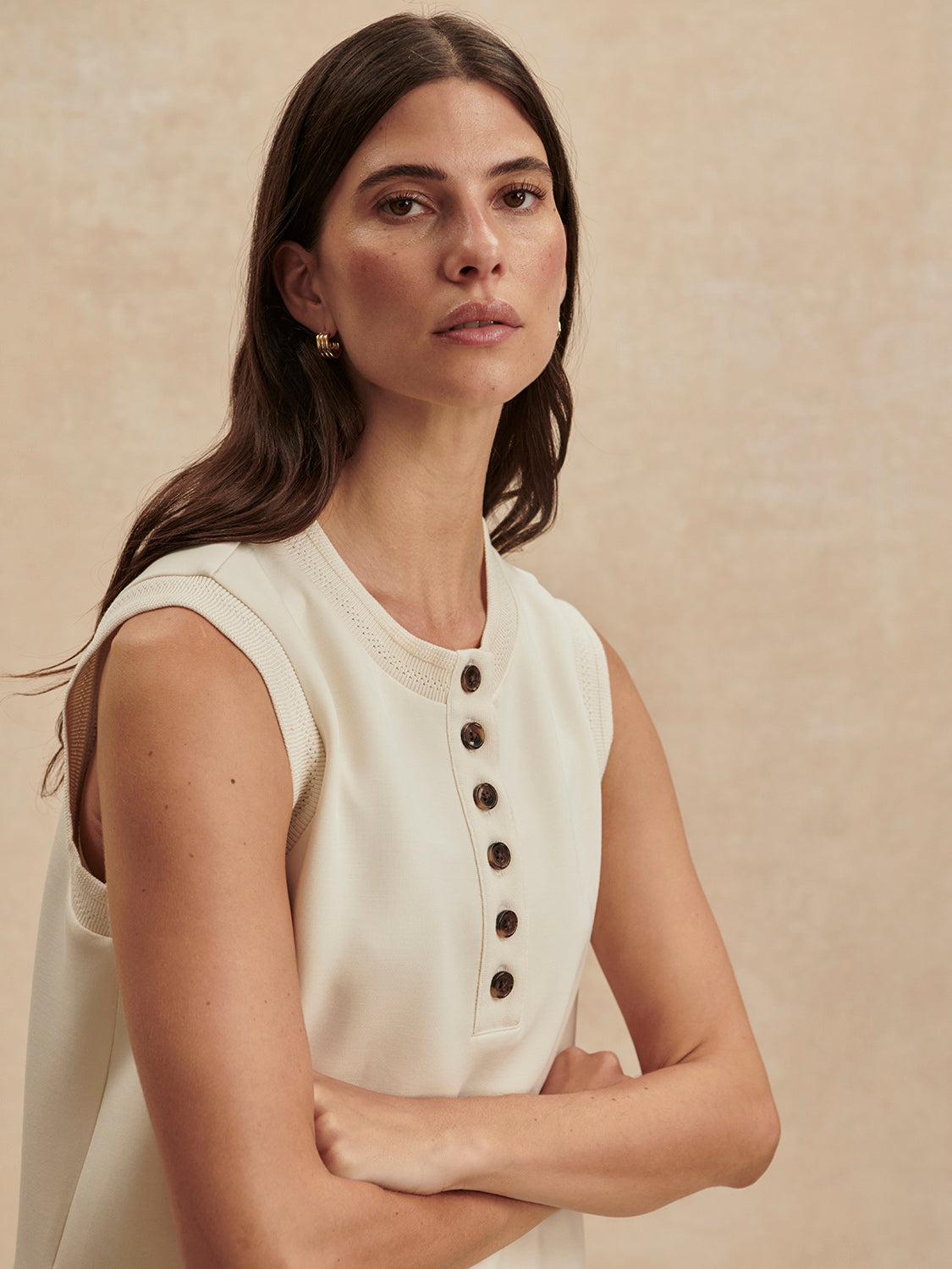 round neck button half placket tank top in beige from varley model shot