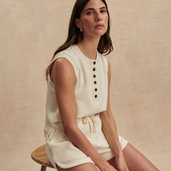 round neck button half placket tank top in beige from varley model shot