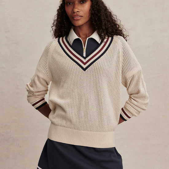 v neck cricket style knitted jumper in beige from varley
