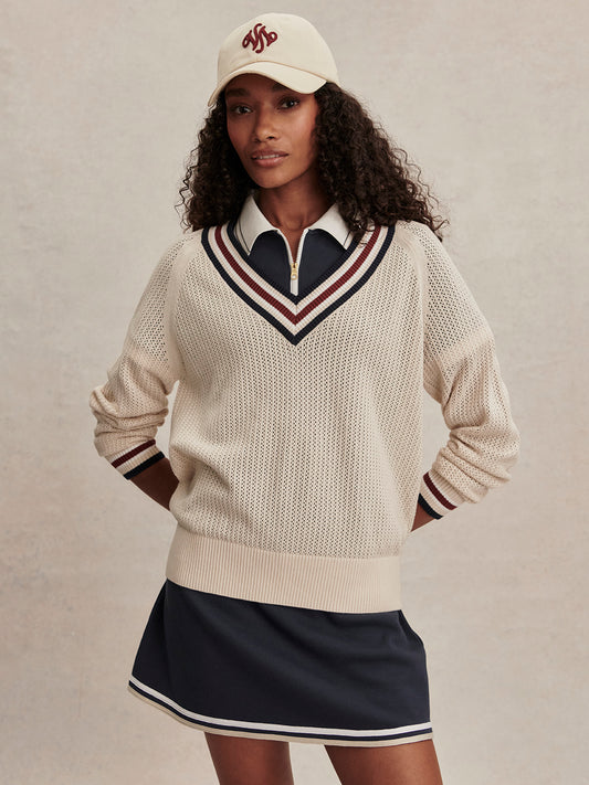 v neck cricket style knitted jumper in beige from varley