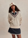 v neck cricket style knitted jumper in beige from varley model shot