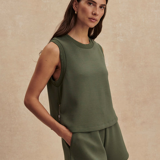 round neck khaki green tank top from varley model shot