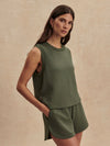 round neck khaki green tank top from varley model shot