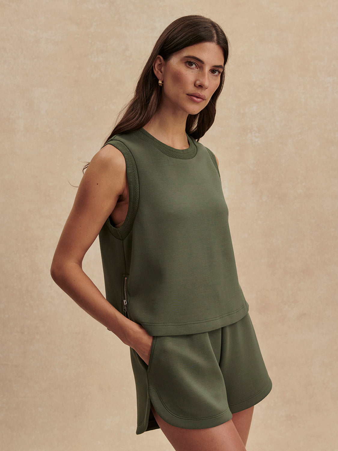 round neck khaki green tank top from varley model shot