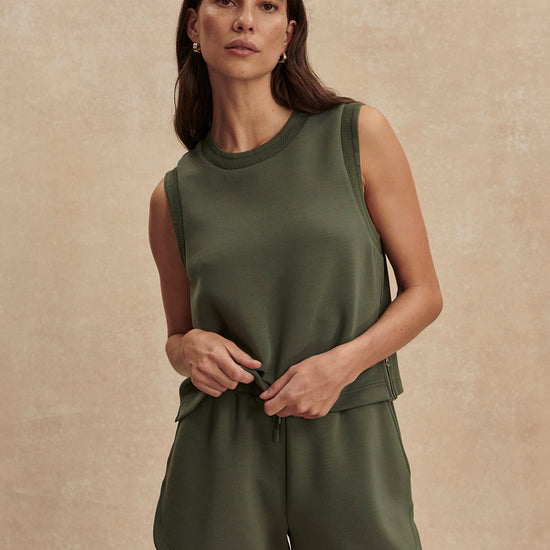 round neck khaki green tank top from varley model shot