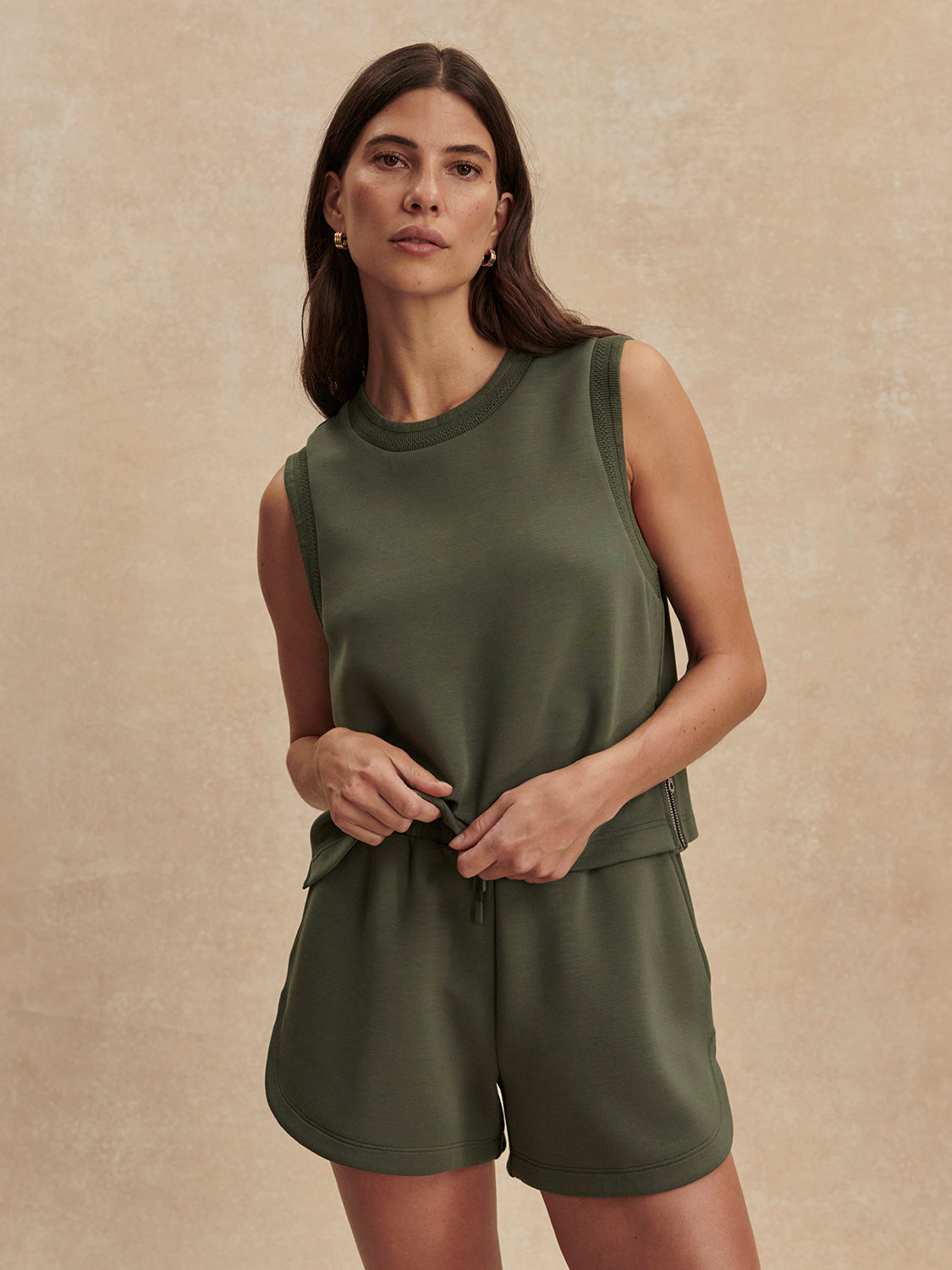 round neck khaki green tank top from varley model shot