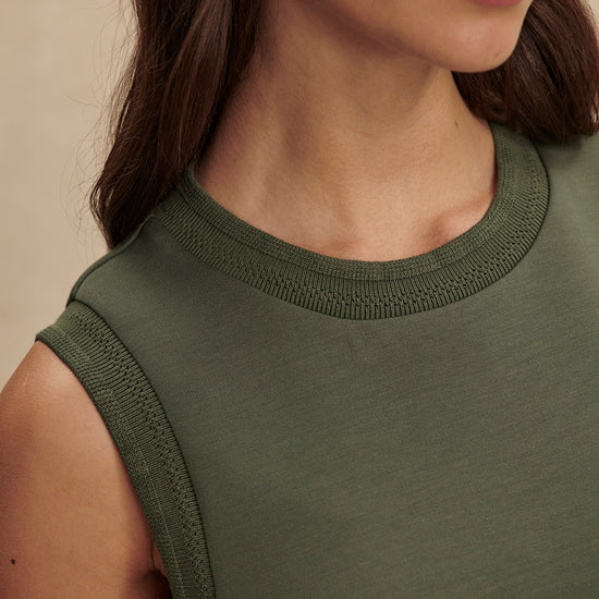 round neck khaki green tank top from varley close up