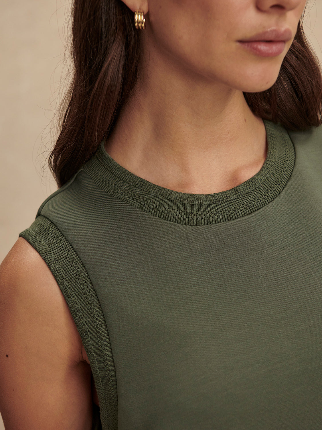 round neck khaki green tank top from varley close up
