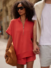 short sleeve coral half zip sweatshirt with high neck from varley model shot