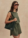 khaki green drawstring waistband short from varley side view