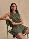 khaki green drawstring waistband short from varley model shot