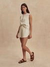 beige sweat pant shorts with drawstring waist from varley model shot
