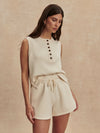 beige sweat pant shorts with drawstring waist from varley model shot