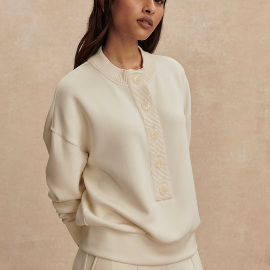 round neck 3/4 placket button down sweatshirt in ivory from varley