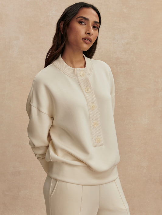 round neck 3/4 placket button down sweatshirt in ivory from varley