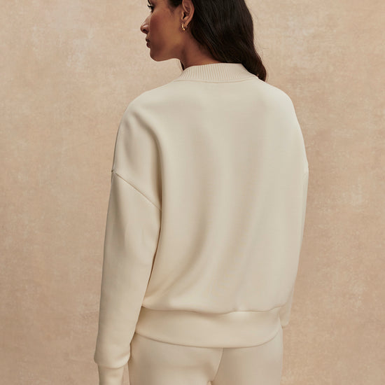 round neck 3/4 placket button down sweatshirt in ivory from varley rear view