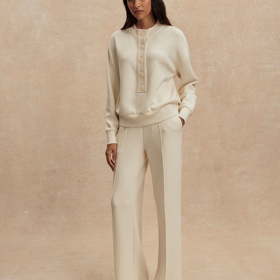 round neck 3/4 placket button down sweatshirt in ivory from varley model shot