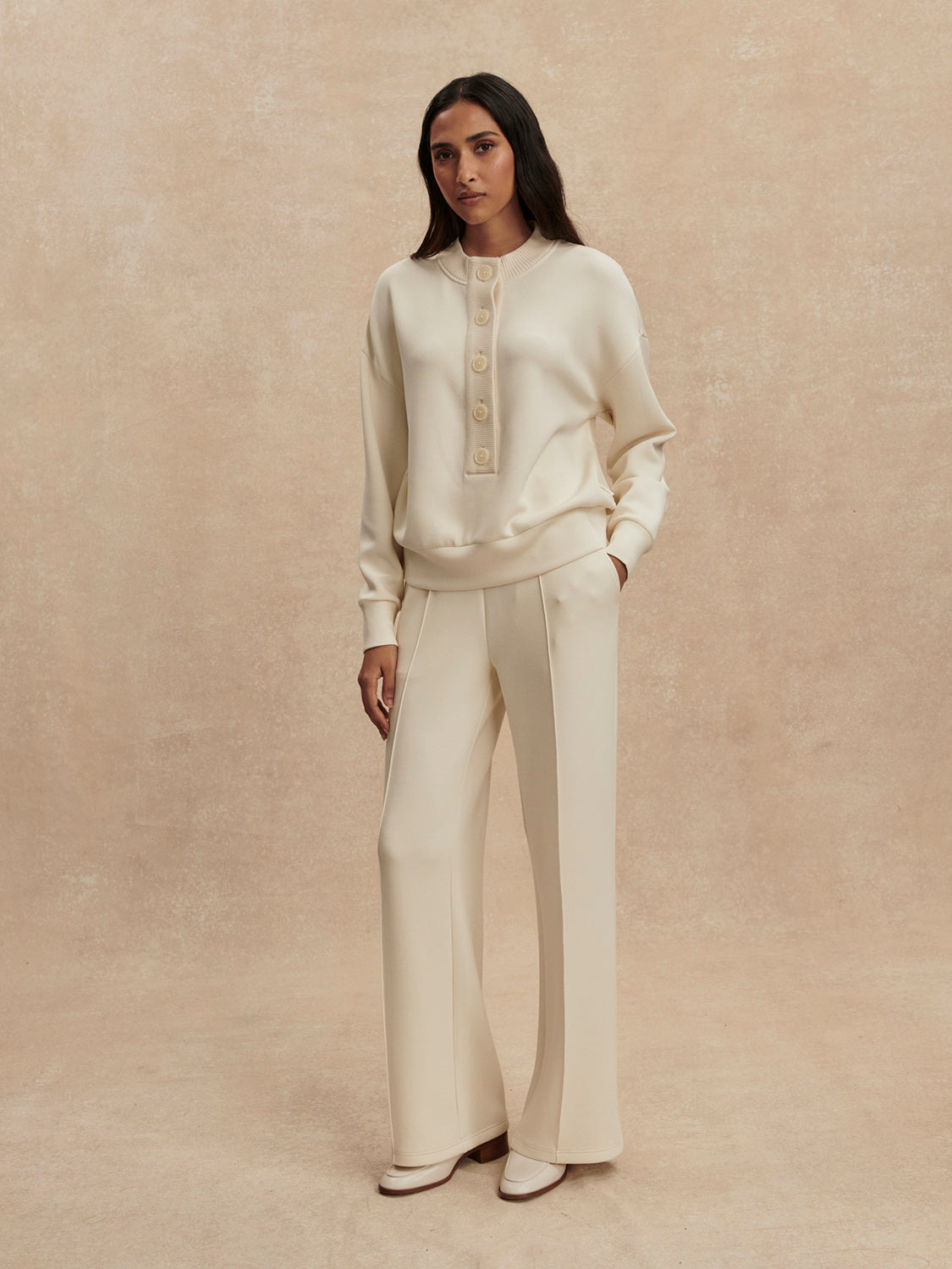 round neck 3/4 placket button down sweatshirt in ivory from varley model shot