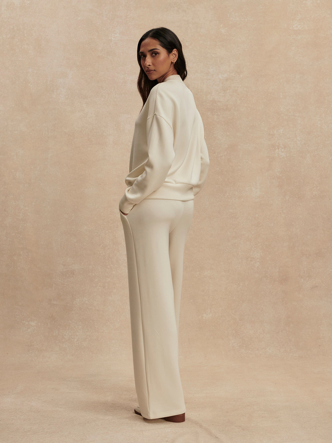 round neck 3/4 placket button down sweatshirt in ivory from varley rear view