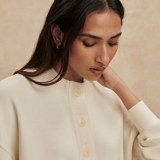 round neck 3/4 placket button down sweatshirt in ivory from varley close up
