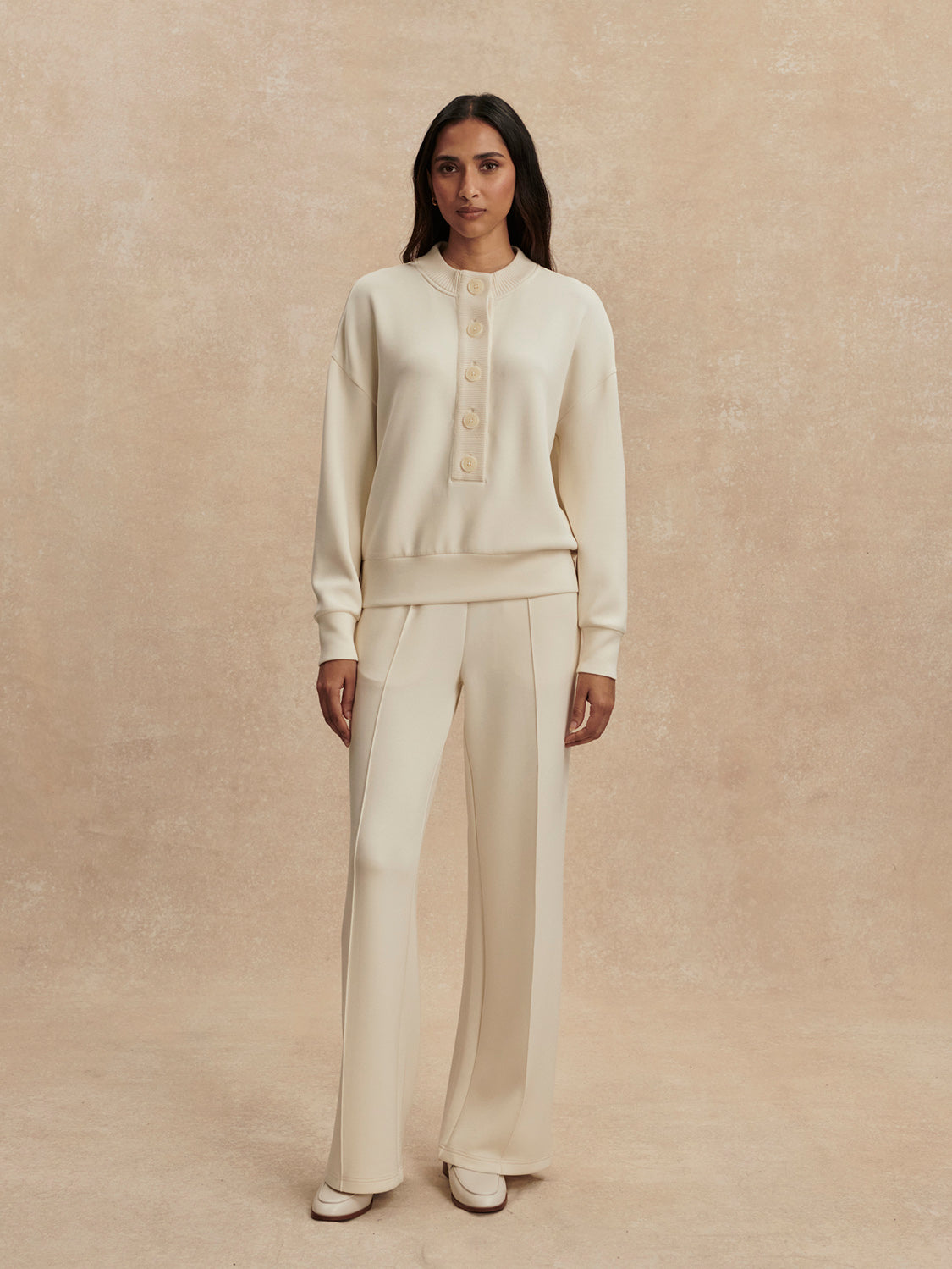 round neck 3/4 placket button down sweatshirt in ivory from varley model shot