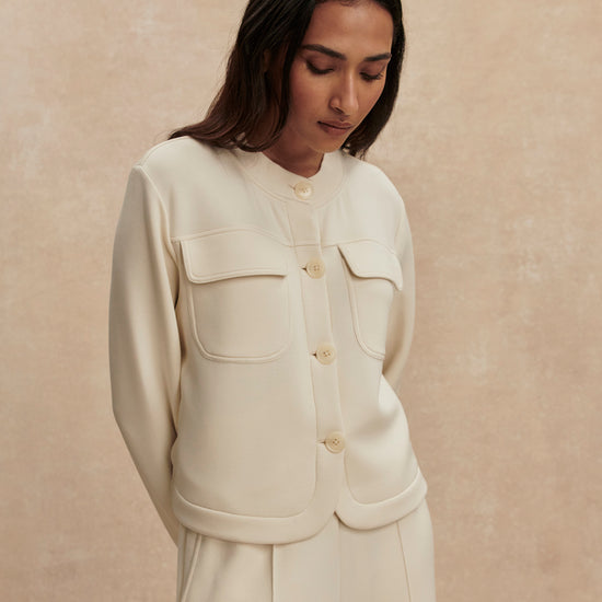 round neck soft sweat jacket with 2 flap pockets and large cream buttons from varley