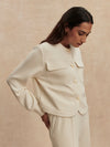 round neck soft sweat jacket with 2 flap pockets and large cream buttons from varley side view