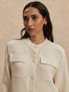 round neck soft sweat jacket with 2 flap pockets and large cream buttons from varley close up