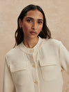 round neck soft sweat jacket with 2 flap pockets and large cream buttons from varley close up