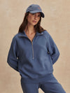 blue sweatshirt with collar and half zip from varley model shot