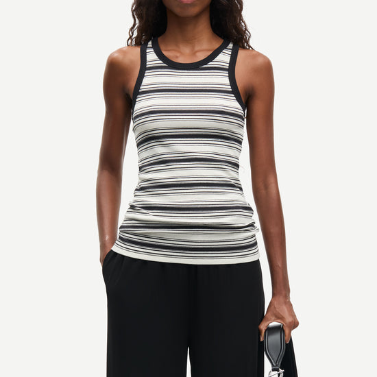 slight racerback tank top with black and white stripes from samsoe  model shot