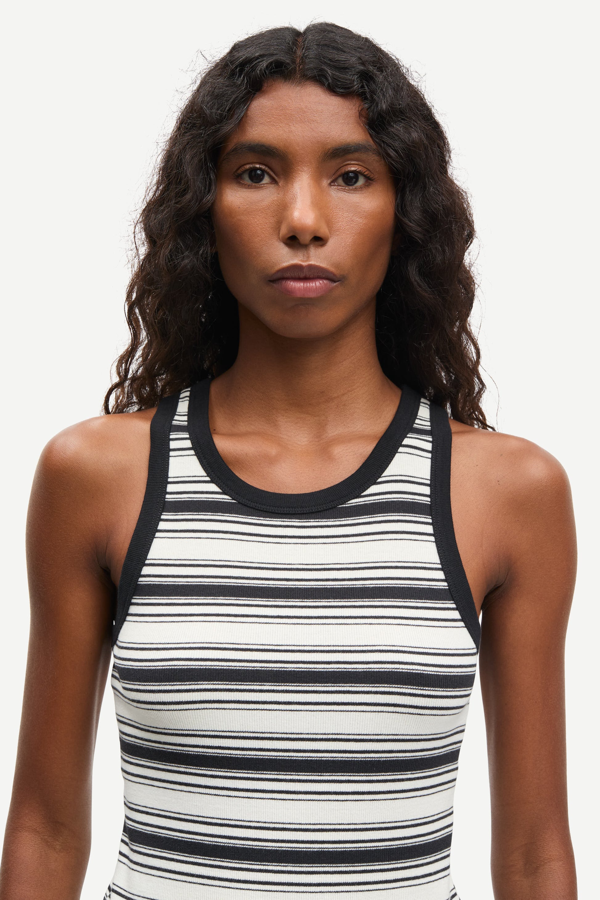 slight racerback tank top with black and white stripes from samsoe  close up