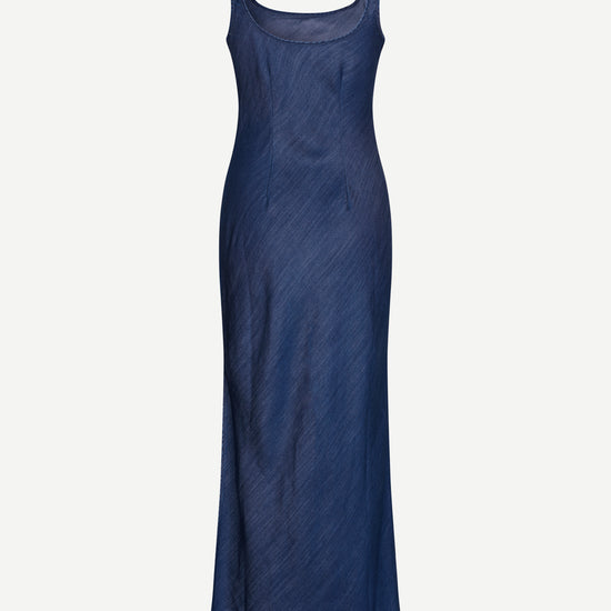 washed denim maxi length dress with square neck from samsoe rear view