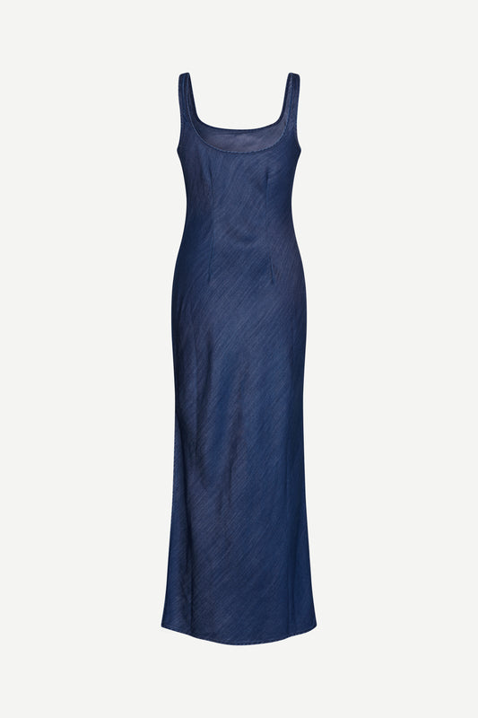 washed denim maxi length dress with square neck from samsoe rear view