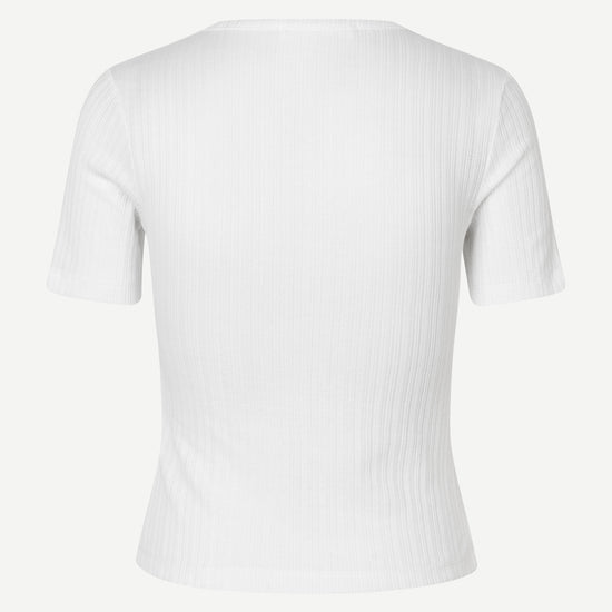 round neck short sleeve cotton white cardigan with small white buttons from samsoe rear view