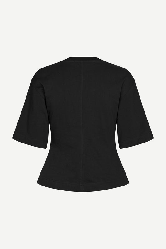 round neck black wide short sleeve t shirt rear view